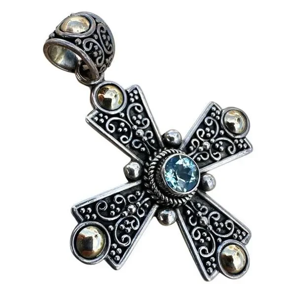 Suarti Bali Sterling Silver 18k & Blue Topaz Ornate Cross Pendant - Picture 2 of 5
